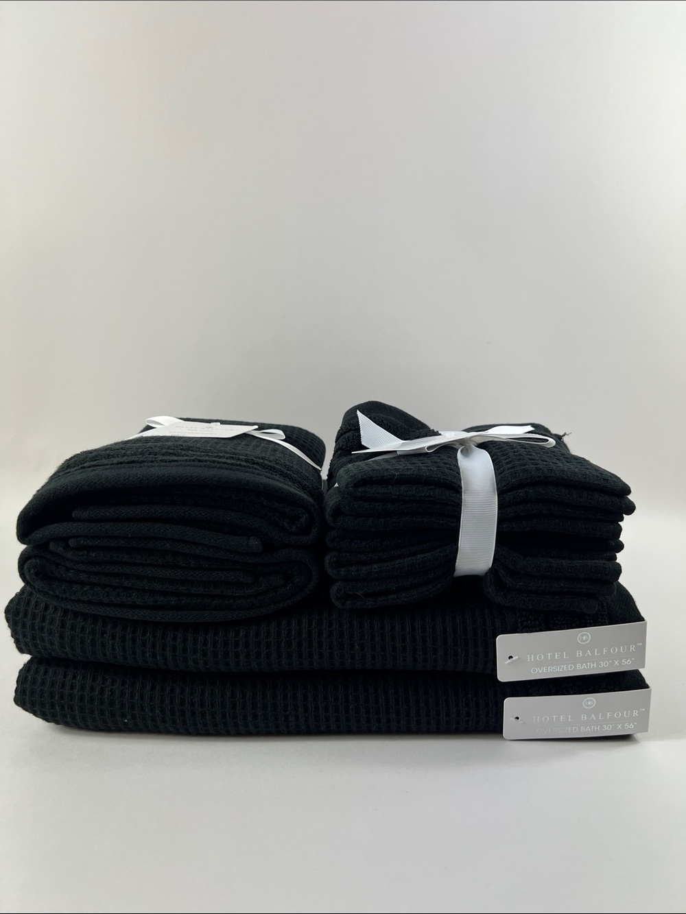 Hotel Balfour Bath Towel Set Black Waffle Texture Quick Dry Cotton Set of 9 NEW